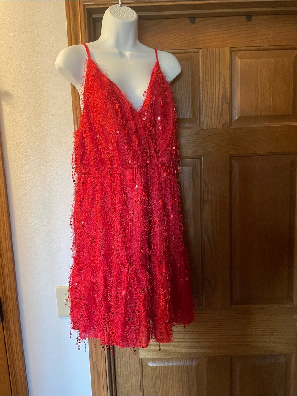 Red Sequin Textured V-Neck Slip Dress
